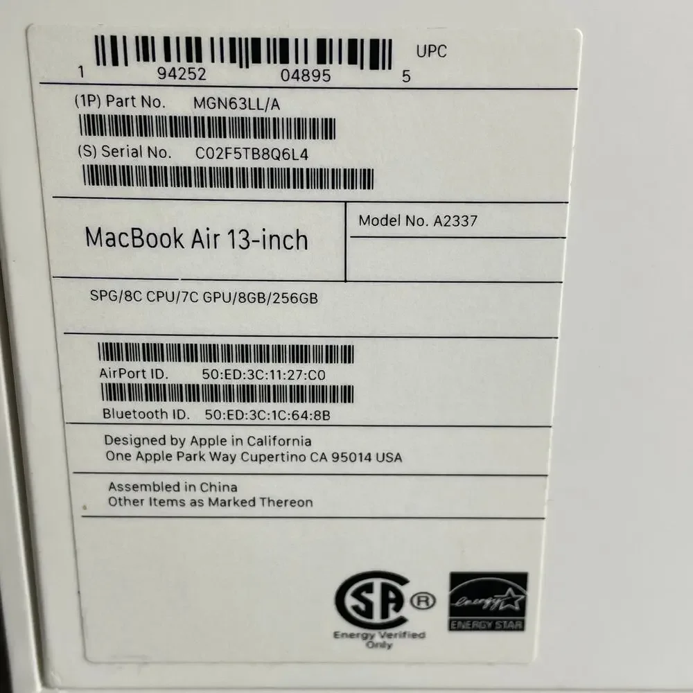 BOX ONLY APPLE MACBOOK AIR 13 inch Gray Model A2337 8GB 256 GB BOX ONLY